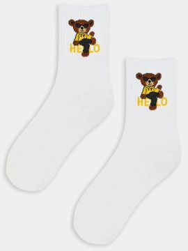 Skarpety damskie bawełniane śmieszny miś białe SB152 - Noviti