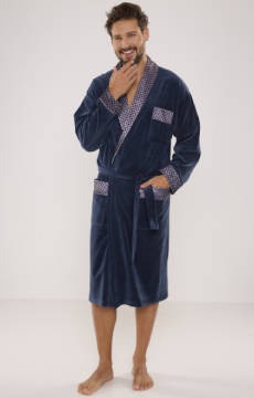 Bawełniany długi szlafrok męski Noble De Lafense z satynowym obłożeniem - 868 jeansowy