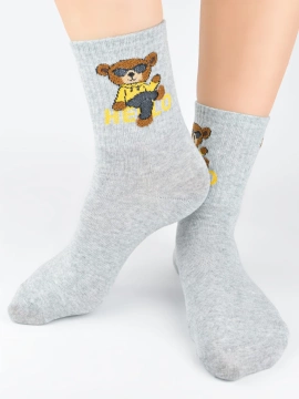 Skarpety damskie bawełniane śmieszny miś szary SB152 - Noviti